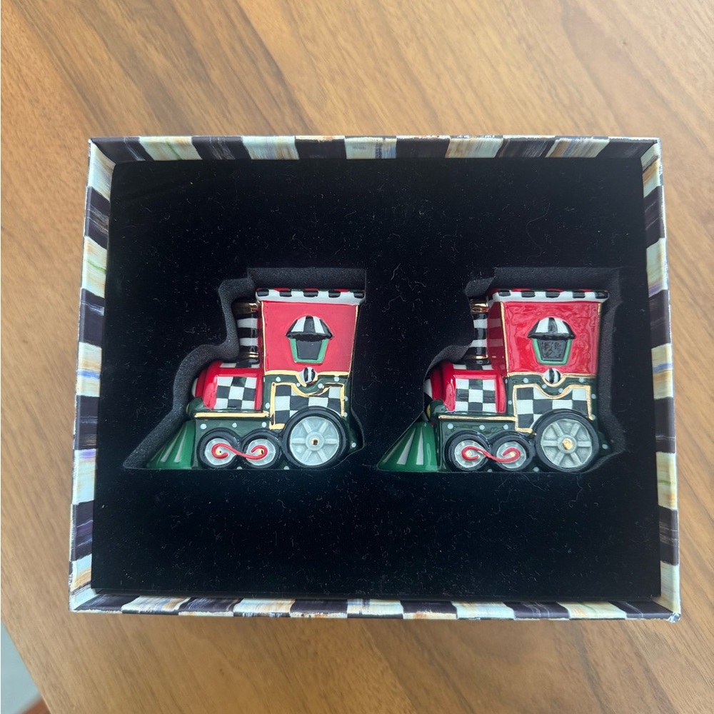 Brand New MacKenzie-Childs Christmas Toyland Train Salt & Pepper Set - In Box